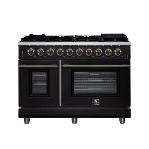 FORNO Massimo 48" 6.58 cu. ft. Freestanding Gas Range with 8 Sealed Burners, Air Fryer Kit, Wok Support & Griddle in Black with Antique Brass Accents, FFSGS6239-48BLK
