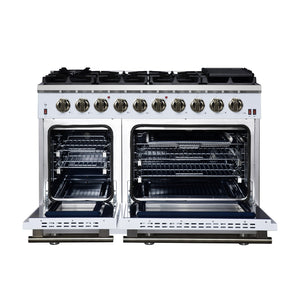 FORNO Massimo 48" 6.58 cu. ft. Freestanding Gas Range with 8 Sealed Burners, Air Fryer Kit, Wok Support & Griddle in White with Antique Brass Accents, FFSGS6239-48WHT
