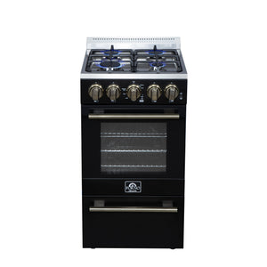 FORNO Lamazze 20" 2.05 cu.ft. Freestanding Gas Range with 4 Sealed Burners in Black with Antique Brass Accents, FFSGS6265-20BLK