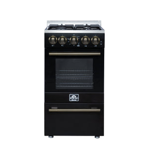 FORNO Lamazze 20" 2.05 cu.ft. Freestanding Gas Range with 4 Sealed Burners in Black with Antique Brass Accents, FFSGS6265-20BLK