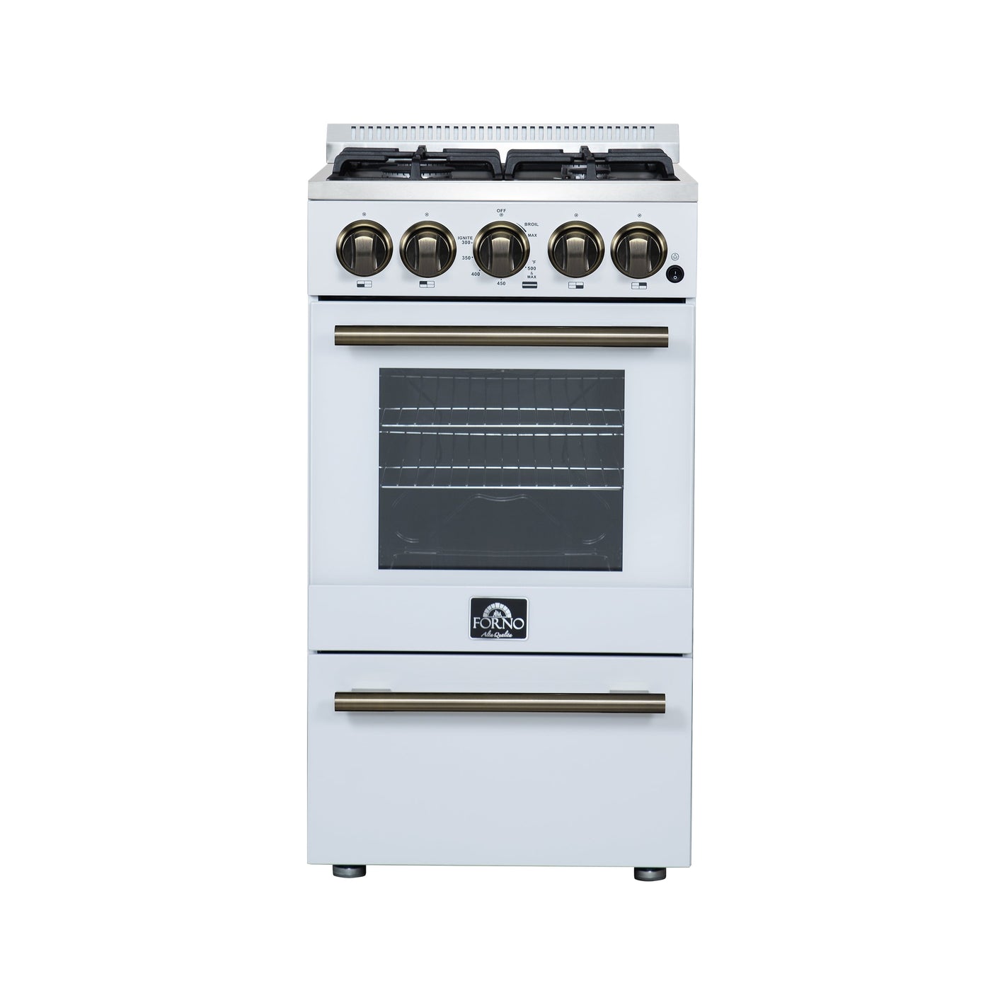FORNO Lamazze 20" 2.05 cu.ft. Freestanding Gas Range with 4 Sealed Burners in White with Antique Brass Accents, FFSGS6265-20WHT