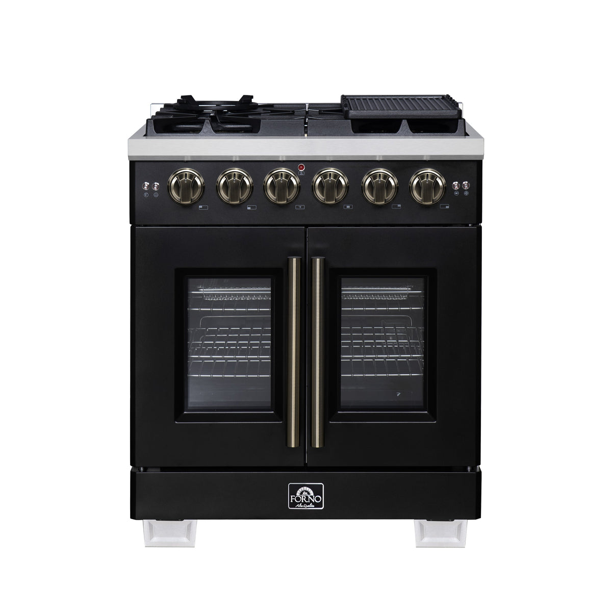 FORNO Capriasca 30" 4.32 cu. ft. French Door Gas Range with 5 Brass Burners, Air Fryer Kit, Rotisserie Kit, Wok Support & Griddle in Black with Antique Brass Accents, FFSGS6460-30BLK