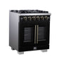 FORNO Capriasca 30" 4.32 cu. ft. French Door Gas Range with 5 Brass Burners, Air Fryer Kit, Rotisserie Kit, Wok Support & Griddle in Black with Antique Brass Accents, FFSGS6460-30BLK
