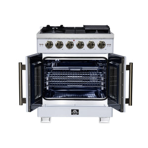 FORNO Capriasca 30" 4.32 cu. ft. French Door Gas Range with 5 Brass Burners, Air Fryer Kit, Rotisserie Kit, Wok Support & Griddle in White with Antique Brass Accents, FFSGS6460-30WHT