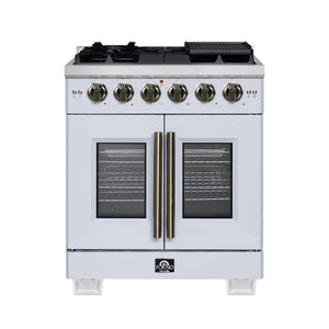 FORNO Capriasca 30" 4.32 cu. ft. French Door Gas Range with 5 Brass Burners, Air Fryer Kit, Rotisserie Kit, Wok Support & Griddle in White with Antique Brass Accents, FFSGS6460-30WHT