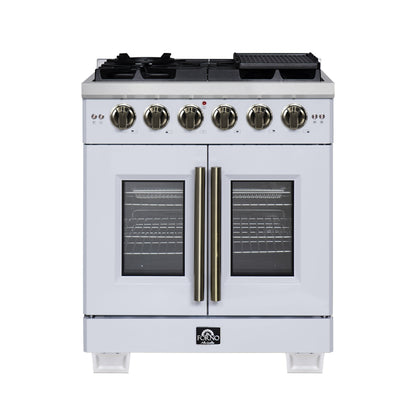 FORNO Capriasca 30" 4.32 cu. ft. French Door Gas Range with 5 Brass Burners, Air Fryer Kit, Rotisserie Kit, Wok Support & Griddle in White with Antique Brass Accents, FFSGS6460-30WHT