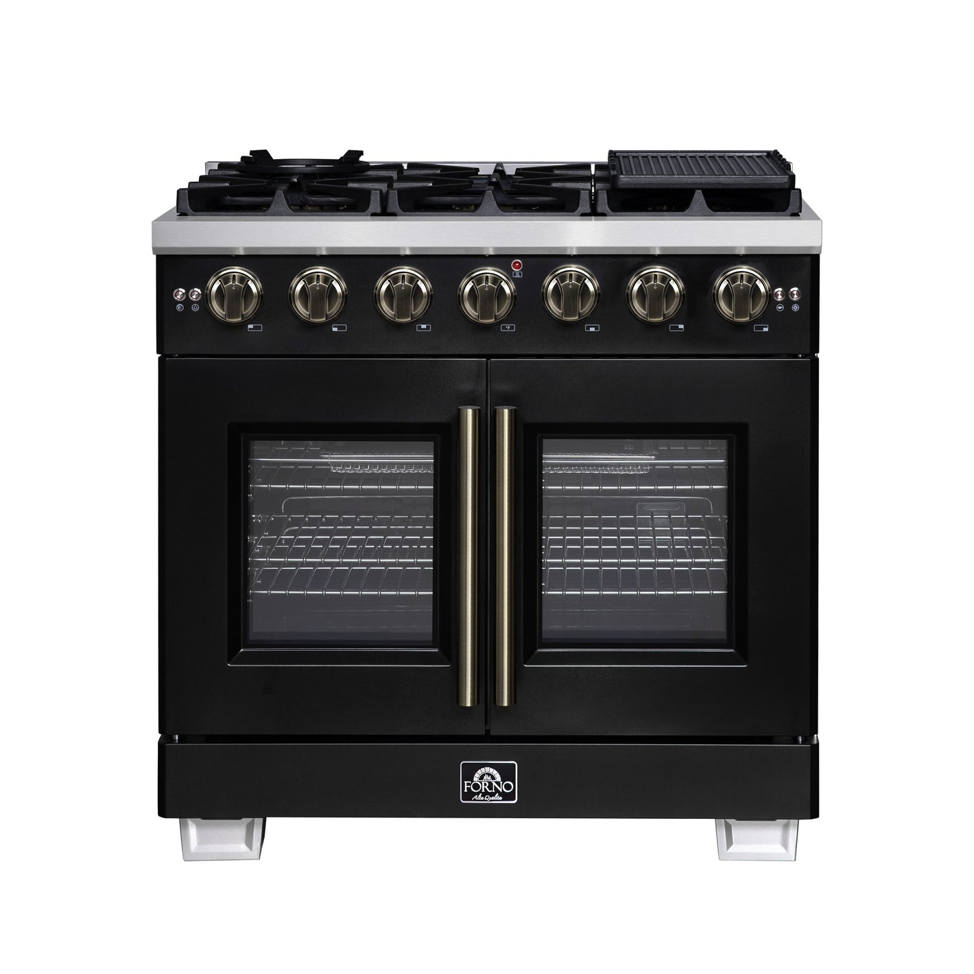 FORNO Capriasca 36" 5.36 cu. ft. French Door Gas Range with 6 Brass Burners, Air Fryer Kit, Rotisserie Kit, Wok Support & Griddle in Black with Antique Brass Accents, FFSGS6460-36BLK