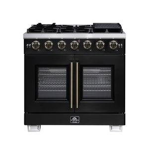 FORNO Capriasca 36" 5.36 cu. ft. French Door Gas Range with 6 Brass Burners, Air Fryer Kit, Rotisserie Kit, Wok Support & Griddle in Black with Antique Brass Accents, FFSGS6460-36BLK