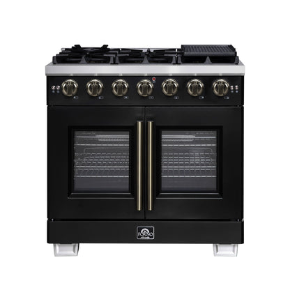 FORNO Capriasca 36" 5.36 cu. ft. French Door Gas Range with 6 Brass Burners, Air Fryer Kit, Rotisserie Kit, Wok Support & Griddle in Black with Antique Brass Accents, FFSGS6460-36BLK