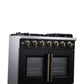 FORNO Capriasca 36" 5.36 cu. ft. French Door Gas Range with 6 Brass Burners, Air Fryer Kit, Rotisserie Kit, Wok Support & Griddle in Black with Antique Brass Accents, FFSGS6460-36BLK