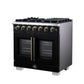 FORNO Capriasca 36" 5.36 cu. ft. French Door Gas Range with 6 Brass Burners, Air Fryer Kit, Rotisserie Kit, Wok Support & Griddle in Black with Antique Brass Accents, FFSGS6460-36BLK