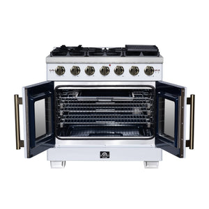 FORNO Capriasca 36" 5.36 cu. ft. French Door Gas Range with 6 Brass Burners, Air Fryer Kit, Rotisserie Kit, Wok Support & Griddle in White with Antique Brass Accents, FFSGS6460-36WHT
