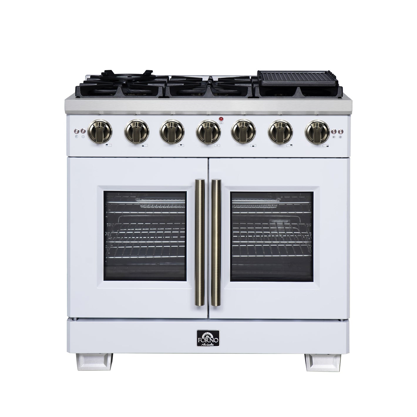 FORNO Capriasca 36" 5.36 cu. ft. French Door Gas Range with 6 Brass Burners, Air Fryer Kit, Rotisserie Kit, Wok Support & Griddle in White with Antique Brass Accents, FFSGS6460-36WHT