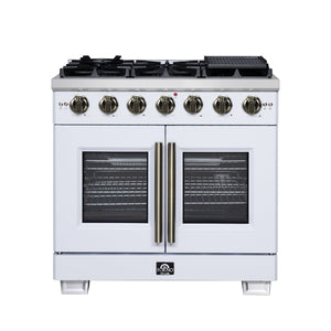 FORNO Capriasca 36" 5.36 cu. ft. French Door Gas Range with 6 Brass Burners, Air Fryer Kit, Rotisserie Kit, Wok Support & Griddle in White with Antique Brass Accents, FFSGS6460-36WHT