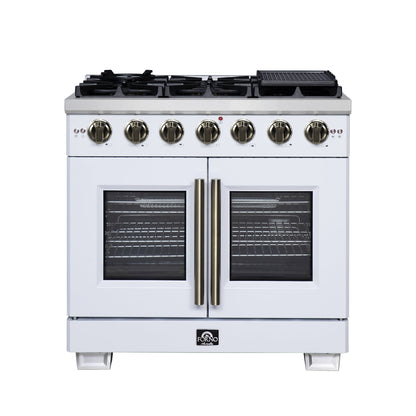 FORNO Capriasca 36" 5.36 cu. ft. French Door Gas Range with 6 Brass Burners, Air Fryer Kit, Rotisserie Kit, Wok Support & Griddle in White with Antique Brass Accents, FFSGS6460-36WHT