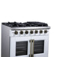 FORNO Capriasca 36" 5.36 cu. ft. French Door Gas Range with 6 Brass Burners, Air Fryer Kit, Rotisserie Kit, Wok Support & Griddle in White with Antique Brass Accents, FFSGS6460-36WHT
