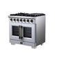 FORNO Capriasca 36" 5.36 cu. ft. French Door Gas Range with 6 Brass Burners, Air Fryer Kit, Rotisserie Kit, Wok Support & Griddle in White with Antique Brass Accents, FFSGS6460-36WHT