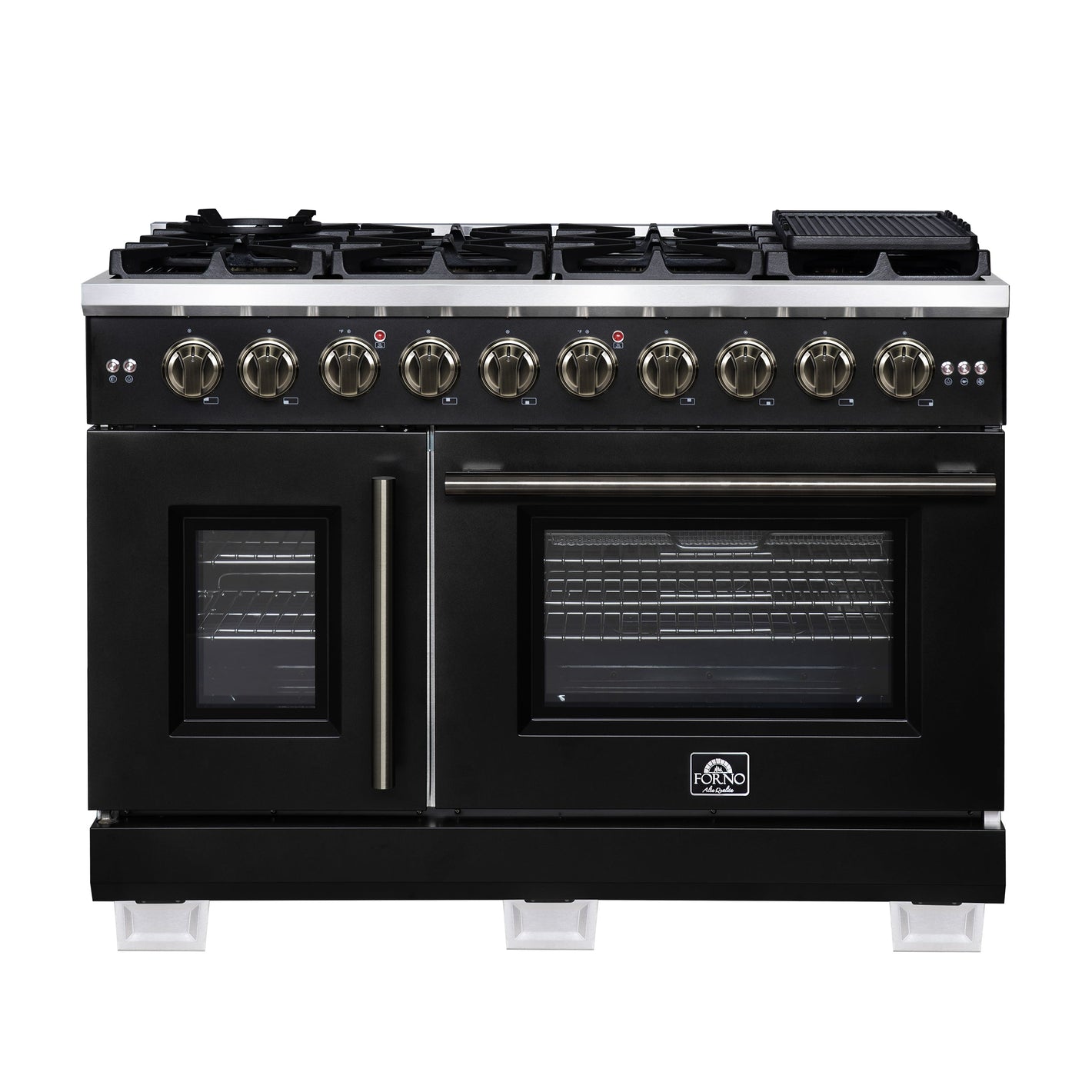 FORNO Capriasca 48" 6.58 cu. ft. French Door Gas Range with 8 Brass Burners, Air Fryer Kit, Rotisserie Kit, Wok Support & Griddle in Black with Antique Brass Accents, FFSGS6460-48BLK