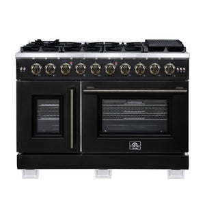 FORNO Capriasca 48" 6.58 cu. ft. French Door Gas Range with 8 Brass Burners, Air Fryer Kit, Rotisserie Kit, Wok Support & Griddle in Black with Antique Brass Accents, FFSGS6460-48BLK