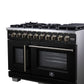 FORNO Capriasca 48" 6.58 cu. ft. French Door Gas Range with 8 Brass Burners, Air Fryer Kit, Rotisserie Kit, Wok Support & Griddle in Black with Antique Brass Accents, FFSGS6460-48BLK