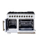 FORNO Capriasca 48" 6.58 cu. ft. French Door Gas Range with 8 Brass Burners, Air Fryer Kit, Rotisserie Kit, Wok Support & Griddle in White with Antique Brass Accents, FFSGS6460-48WHT