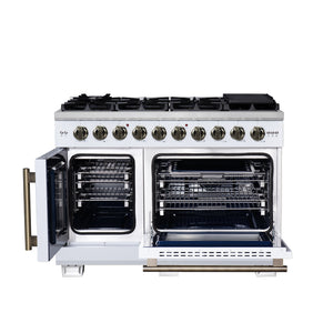 FORNO Capriasca 48" 6.58 cu. ft. French Door Gas Range with 8 Brass Burners, Air Fryer Kit, Rotisserie Kit, Wok Support & Griddle in White with Antique Brass Accents, FFSGS6460-48WHT