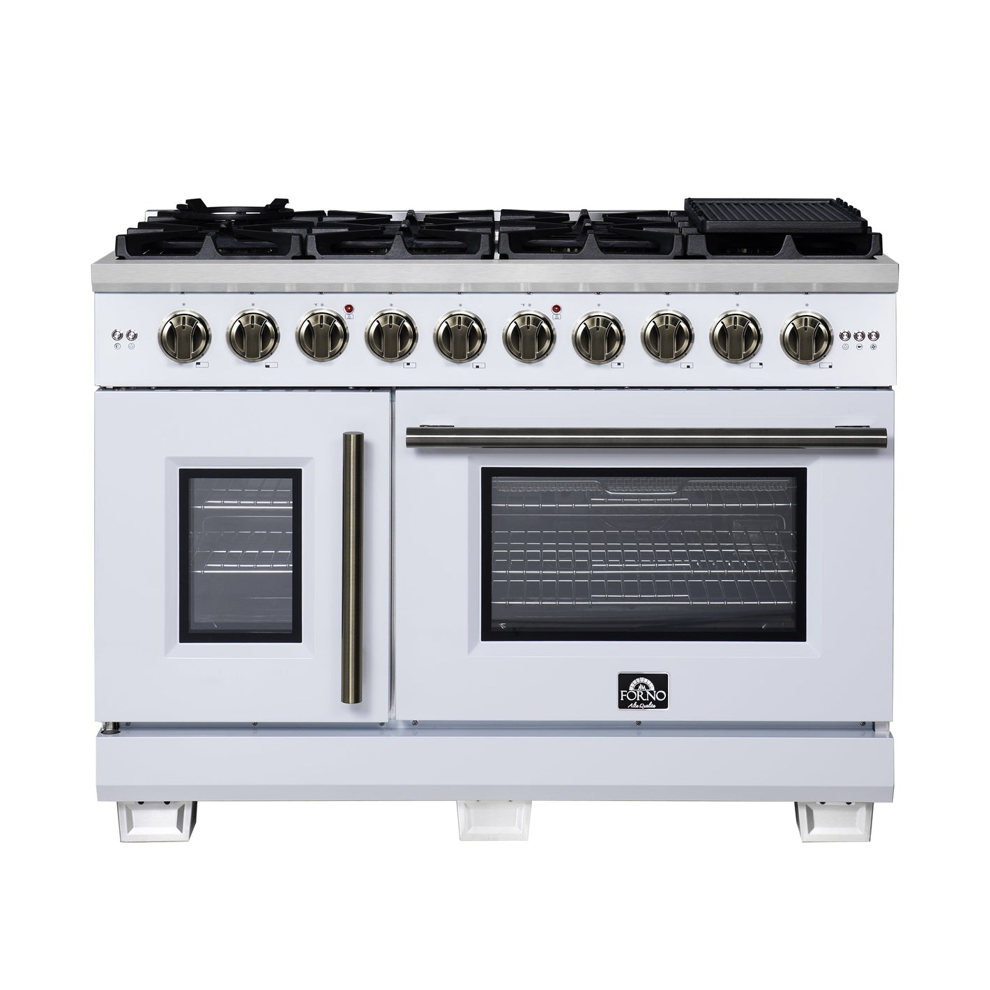 FORNO Capriasca 48" 6.58 cu. ft. French Door Gas Range with 8 Brass Burners, Air Fryer Kit, Rotisserie Kit, Wok Support & Griddle in White with Antique Brass Accents, FFSGS6460-48WHT