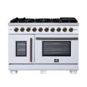 FORNO Capriasca 48" 6.58 cu. ft. French Door Gas Range with 8 Brass Burners, Air Fryer Kit, Rotisserie Kit, Wok Support & Griddle in White with Antique Brass Accents, FFSGS6460-48WHT
