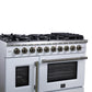 FORNO Capriasca 48" 6.58 cu. ft. French Door Gas Range with 8 Brass Burners, Air Fryer Kit, Rotisserie Kit, Wok Support & Griddle in White with Antique Brass Accents, FFSGS6460-48WHT