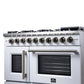 FORNO Capriasca 48" 6.58 cu. ft. French Door Gas Range with 8 Brass Burners, Air Fryer Kit, Rotisserie Kit, Wok Support & Griddle in White with Antique Brass Accents, FFSGS6460-48WHT