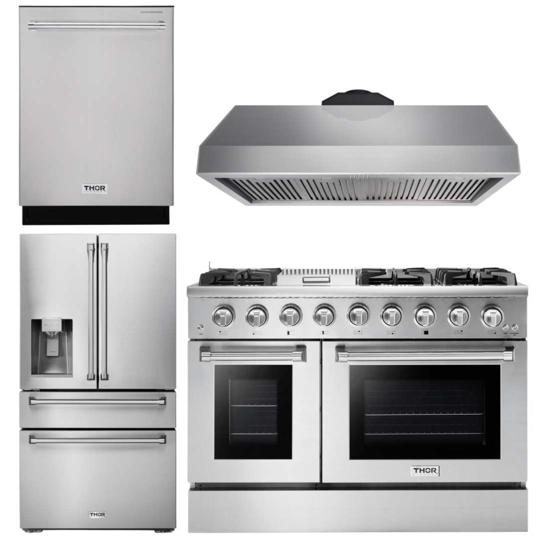 THOR Kitchen Package - 48" Gas Range, Range Hood, Refrigerator with Water and Ice Dispenser, Dishwasher, AP-HRG4808U-10