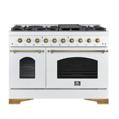 FORNO Antico 48" 5.5 cu. ft. Dual Fuel Range with 8 Sealed Burners and Griddle in White with Antique Brass Accents, FFSGS6113-48WHT