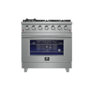 FORNO Massimo 36" 5.36 cu. ft. Freestanding Gas Range with 6 Sealed Burners, Air Fryer Kit, Wok Support & Griddle in Stainless Steel, FFSGS6239-36