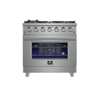 FORNO Massimo 36" 5.36 cu. ft. Freestanding Gas Range with 6 Sealed Burners, Air Fryer Kit, Wok Support & Griddle in Stainless Steel, FFSGS6239-36
