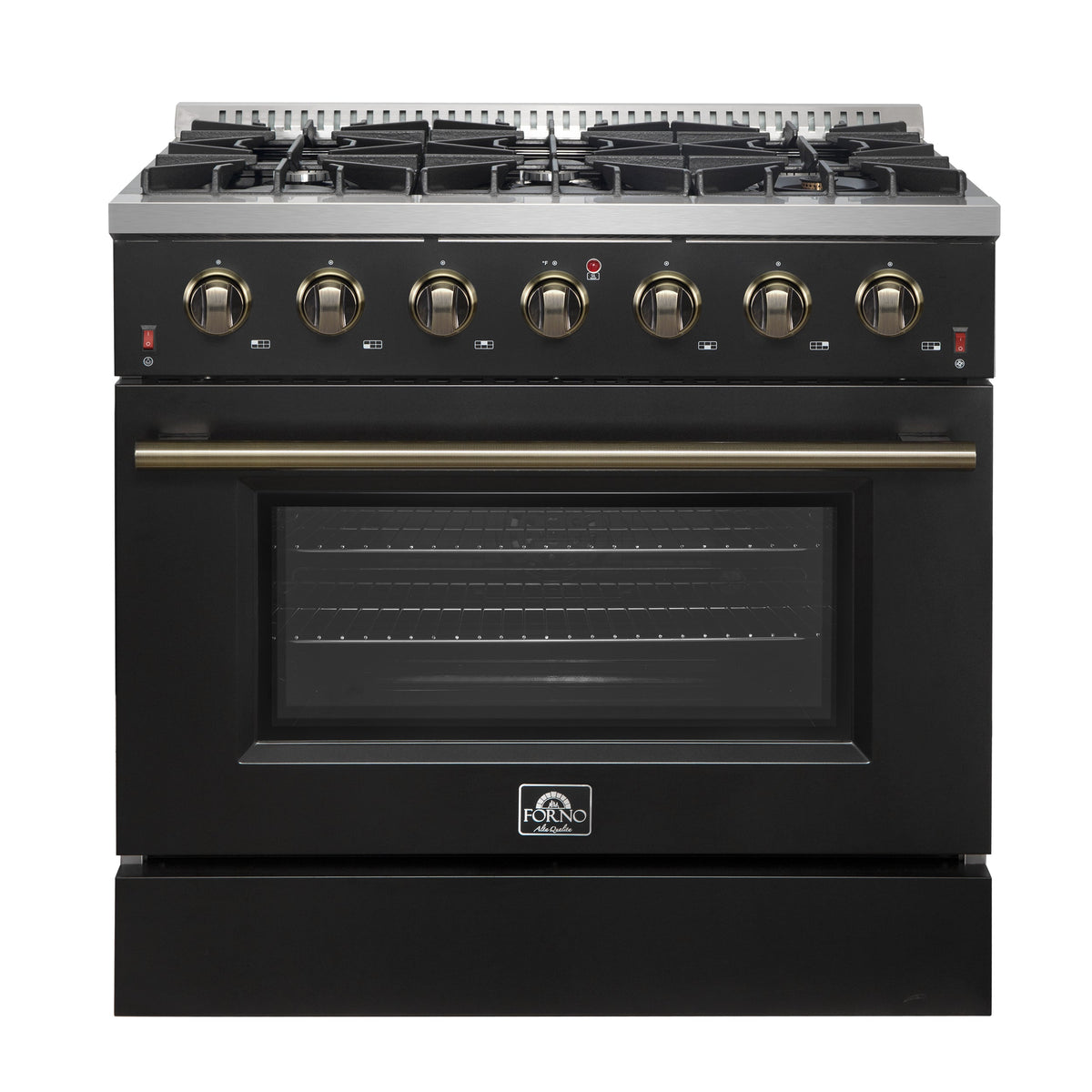 FORNO Galiano 36" 5.36 cu. ft. Gas Range with 6 Sealed Burners in Black with Antique Brass Accents, FFSGS6244-36BLK