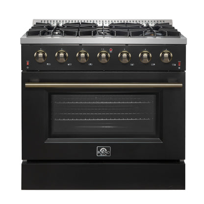 FORNO Galiano 36" 5.36 cu. ft. Gas Range with 6 Sealed Burners in Black with Antique Brass Accents, FFSGS6244-36BLK