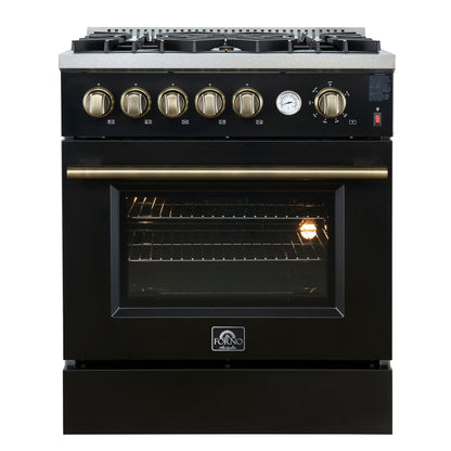FORNO Giovanni 30" 4.32 cu. ft. Gas Range with 5 Burners, Air Fry Basket, Wok Support and Griddle in Black with Antique Brass Accents, FFSGS6274-30BLK