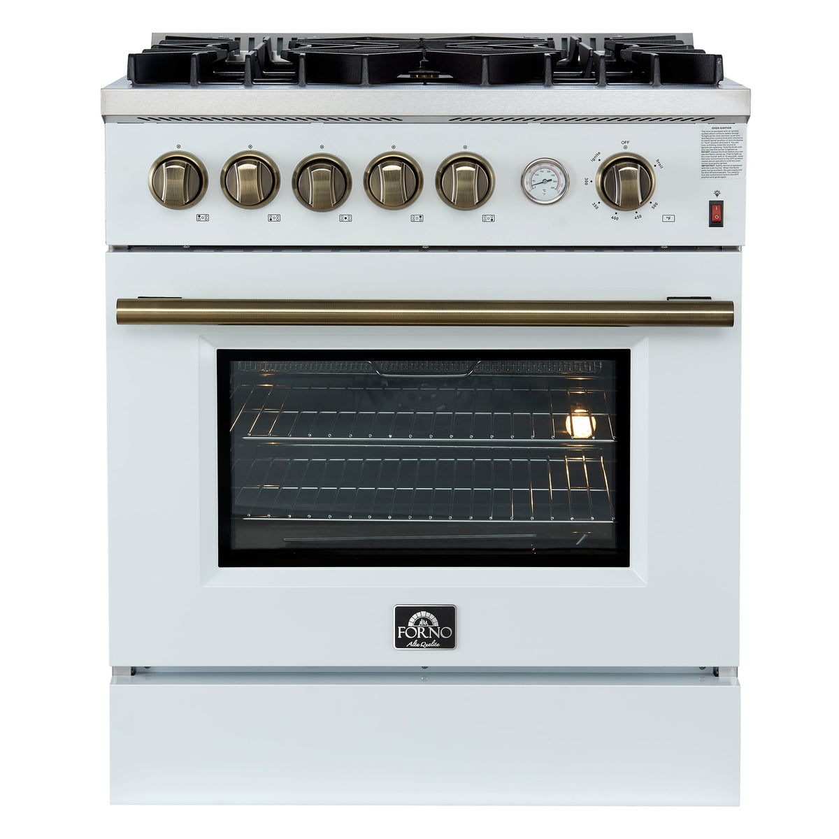 FORNO Giovanni 30" 4.32 cu. ft. Gas Range with 5 Burners, Air Fry Basket, Wok Support and Griddle in White with Antique Brass Accents, FFSGS6274-30WHT