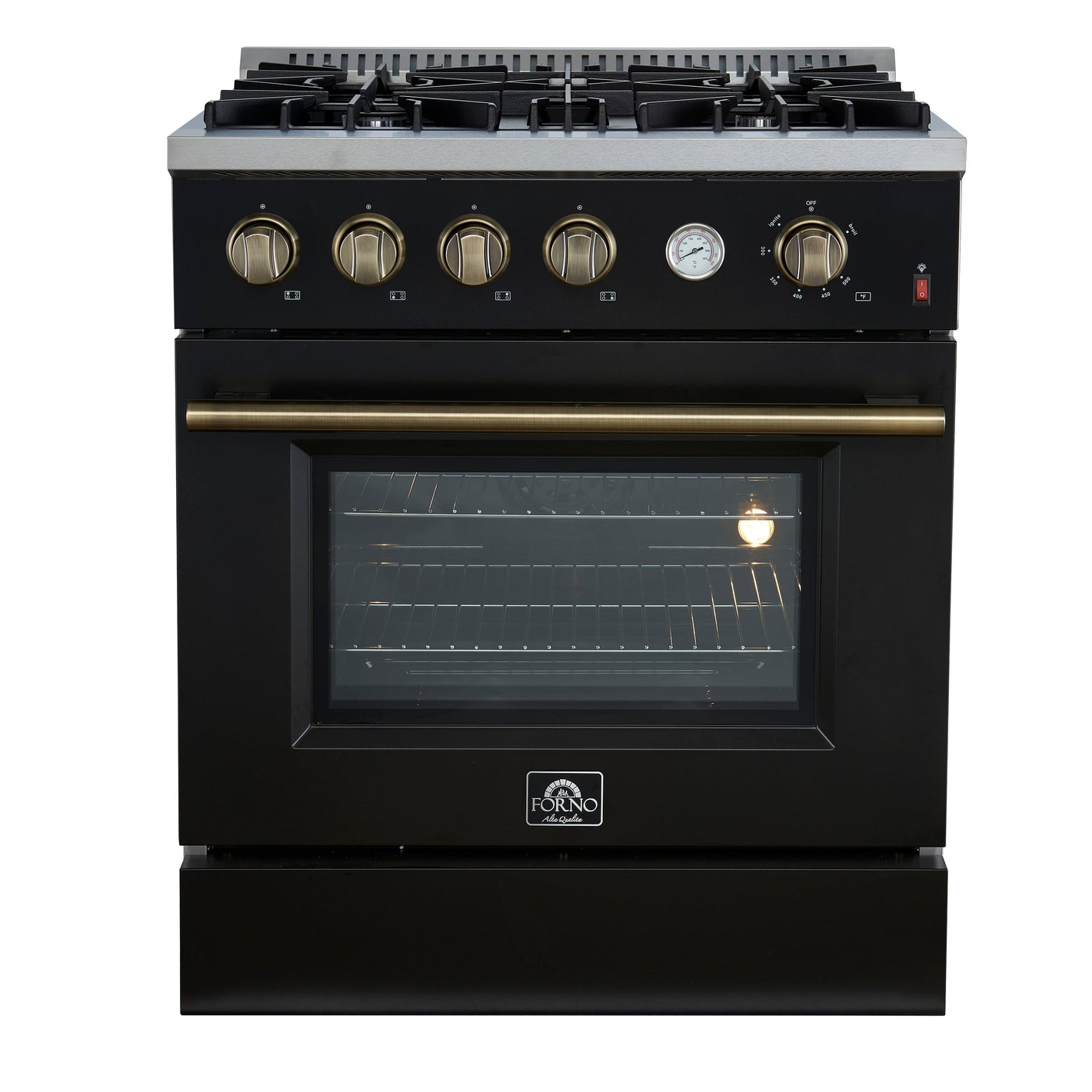 FORNO Marco 30" 4.32 cu.ft. Gas Range with 4 Burners and Temperature Gauge in Black with Antique Brass Accents, FFSGS6277-30BLK
