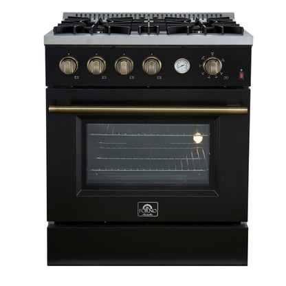 FORNO Marco 30" 4.32 cu.ft. Gas Range with 4 Burners and Temperature Gauge in Black with Antique Brass Accents, FFSGS6277-30BLK