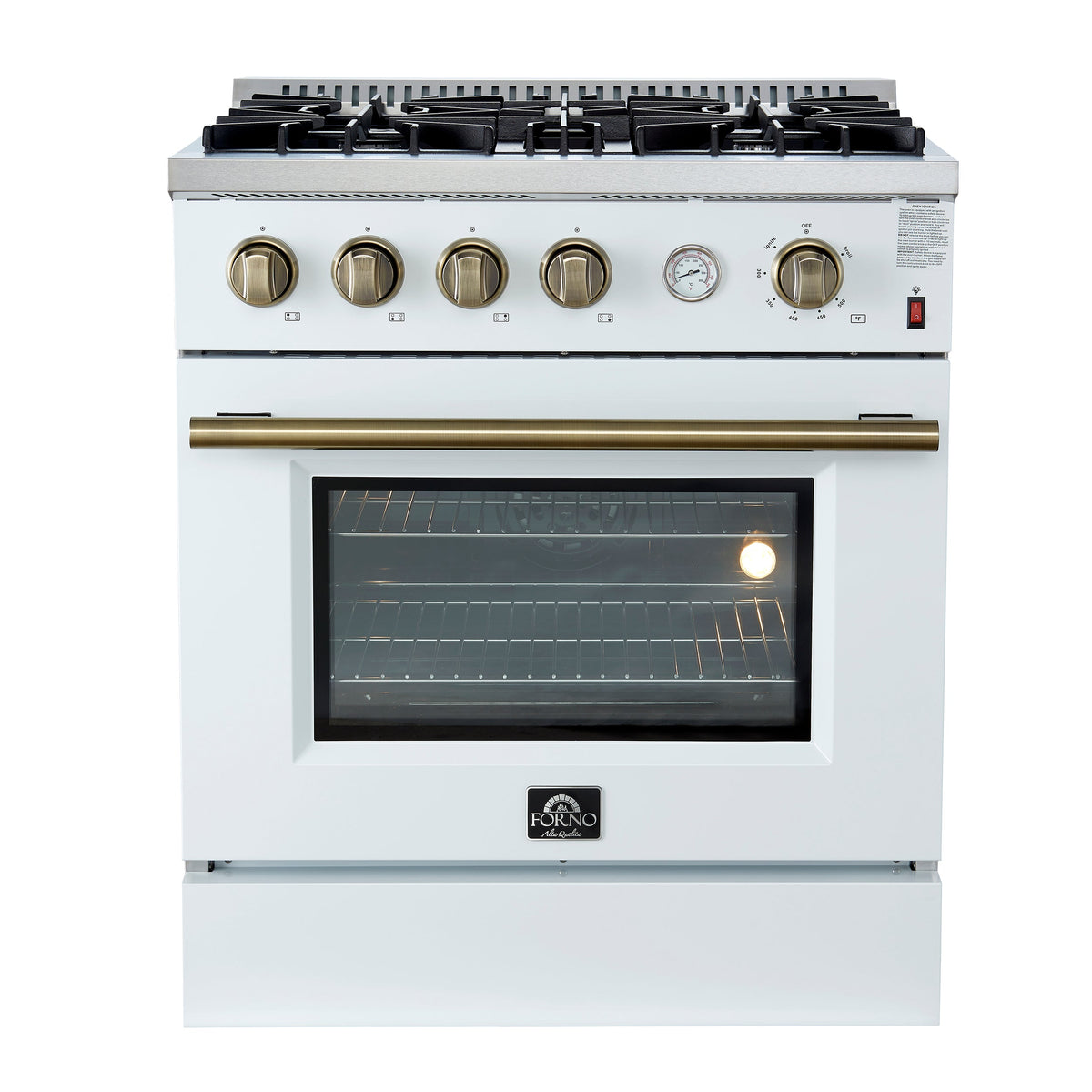 FORNO Marco 30" 4.32 cu.ft. Gas Range with 4 Burners and Temperature Gauge in White with Antique Brass Accents, FFSGS6277-30WHT