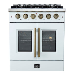 FORNO Galiano 30" 4.32 cu. ft. French Door Gas Range with 5 Sealed Burners in White with Antique Brass Accents, FFSGS6444-30WHT