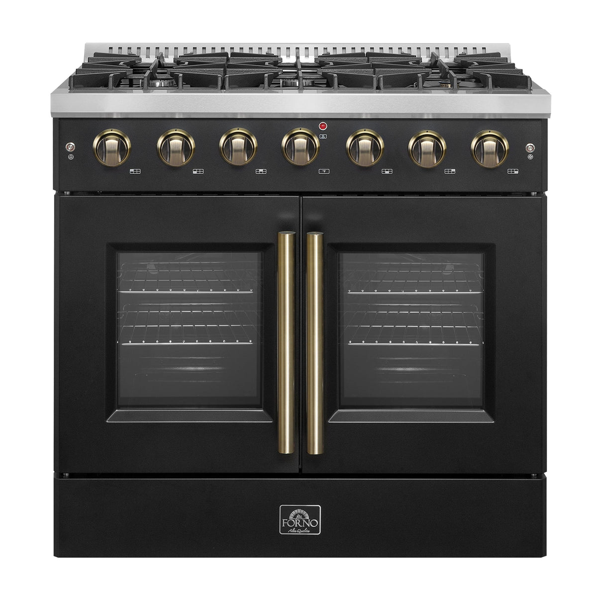 FORNO Galiano 36" 5.36 cu. ft. French Door Gas Range with 6 Sealed Burners in Black with Antique Brass Accents, FFSGS6444-36BLK