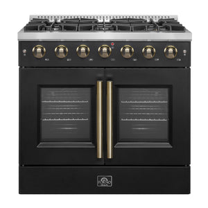 FORNO Galiano 36" 5.36 cu. ft. French Door Gas Range with 6 Sealed Burners in Black with Antique Brass Accents, FFSGS6444-36BLK