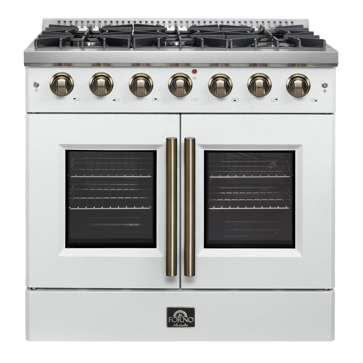 FORNO Galiano 36" 5.36 cu. ft. French Door Gas Range with 6 Sealed Burners in White with Antique Brass Accents, FFSGS6444-36WHT