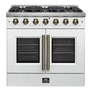 FORNO Galiano 36" 5.36 cu. ft. French Door Gas Range with 6 Sealed Burners in White with Antique Brass Accents, FFSGS6444-36WHT