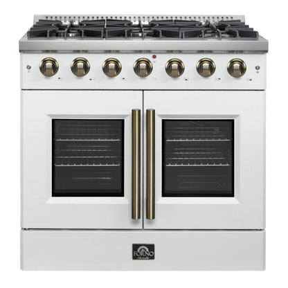 FORNO Galiano 36" 5.36 cu. ft. French Door Gas Range with 6 Sealed Burners in White with Antique Brass Accents, FFSGS6444-36WHT