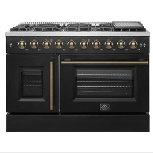 FORNO Galiano 48" 6.58 cu. ft. French Door Gas Range with 8 Sealed Burners and Griddle in Black with Antique Brass Accents, FFSGS6444-48BLK