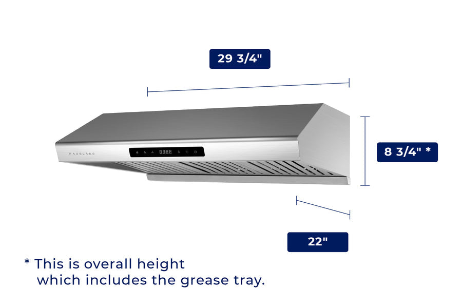 Hauslane | Chef Series 30” PS10 Under Cabinet Range Hood | PRO PERFORMANCE | Stainless Steel Electric Stove Ventilator | 3 Speed Exhaust Fan, Bright LED Lights & Delay Auto Shut-Off dimensions