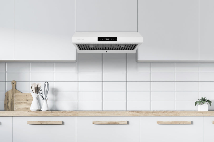 Hauslane | Chef Series 30" PS18 Under Cabinet Range Hood | Pro Performance | Contemporary Design, Touch Screen, Dishwasher Safe Baffle Filters, LED Lamps, 3-Way Venting White Matte lifestyle